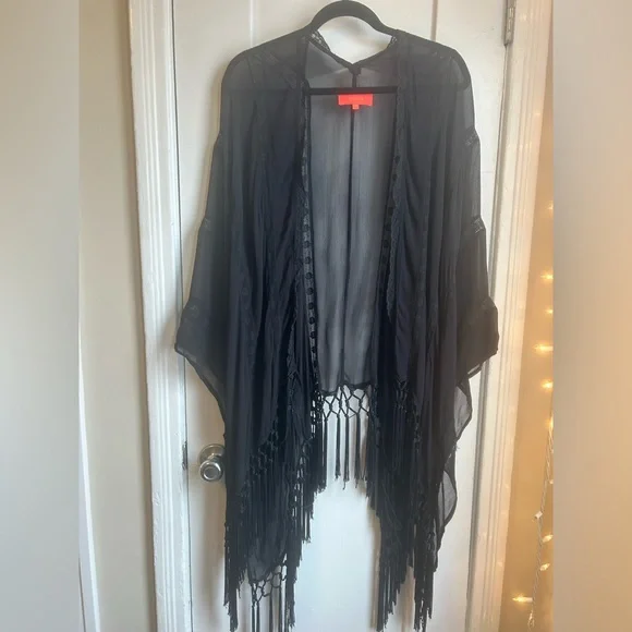 Free People x Muche Et Muchette Black Sheer Lace Fringe Kimono - Picture 1 of 10